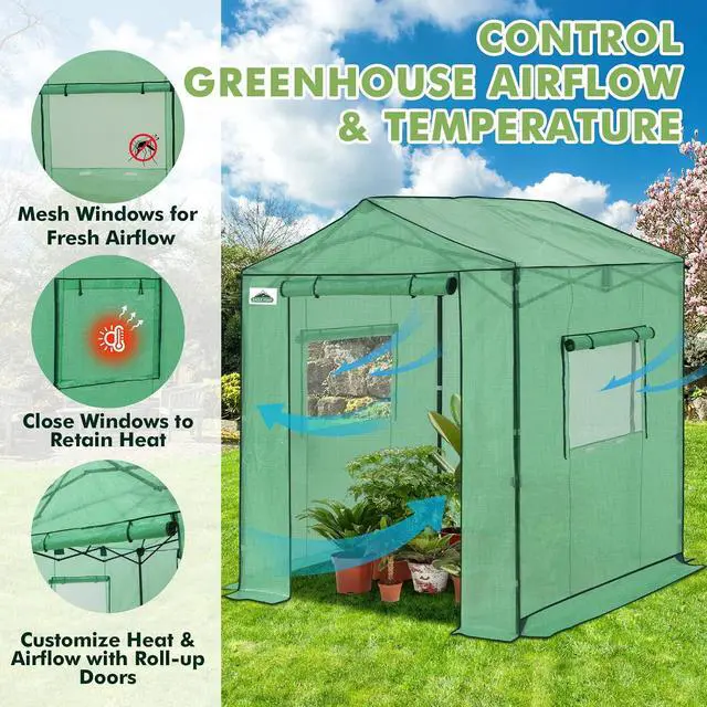 Alt view image 2 of 7 - 6x6 Portable Pop Up Greenhouse, Patented Center Lock Easy One Person Setup, Walk-in Outdoor Greenhouse with Gable Roof, Weight Bags, Zippered Doors & Windows, Green