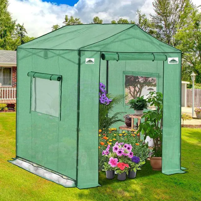 Alt view image 5 of 7 - 6x6 Portable Pop Up Greenhouse, Patented Center Lock Easy One Person Setup, Walk-in Outdoor Greenhouse with Gable Roof, Weight Bags, Zippered Doors & Windows, Green