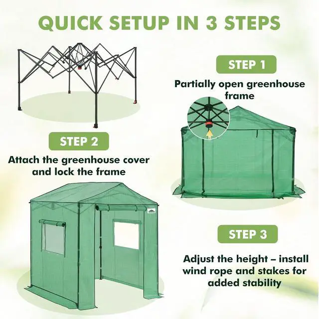 Alt view image 7 of 7 - 6x6 Portable Pop Up Greenhouse, Patented Center Lock Easy One Person Setup, Walk-in Outdoor Greenhouse with Gable Roof, Weight Bags, Zippered Doors & Windows, Green