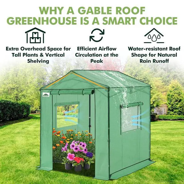 Alt view image 6 of 7 - 6x6 Portable Pop Up Greenhouse, Patented Center Lock Easy One Person Setup, Walk-in Outdoor Greenhouse with Gable Roof, Weight Bags, Zippered Doors & Windows, Green