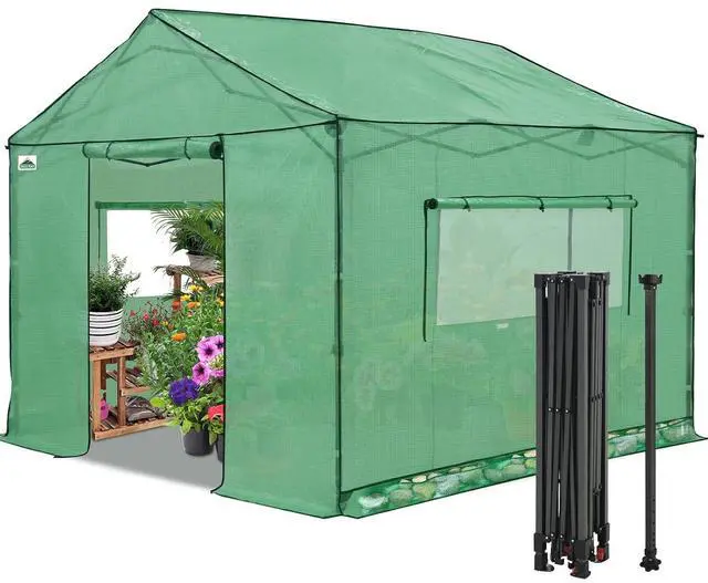Main image of 10x10 Portable Pop Up Greenhouse, Patented Center Lock Easy One Person Setup, Walk-in Outdoor Greenhouse with Gable Roof, Weight Bags, Zippered Doors & Windows - Winter Support Pole, Green