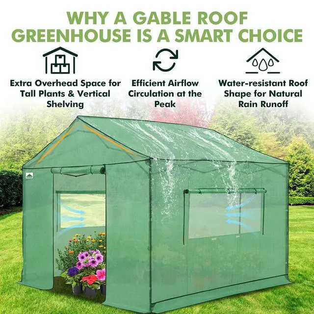 Alt view image 2 of 7 - 10x10 Portable Pop Up Greenhouse, Patented Center Lock Easy One Person Setup, Walk-in Outdoor Greenhouse with Gable Roof, Weight Bags, Zippered Doors & Windows - Winter Support Pole, Green