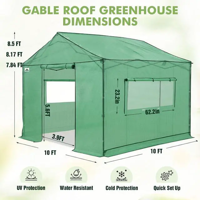Alt view image 3 of 7 - 10x10 Portable Pop Up Greenhouse, Patented Center Lock Easy One Person Setup, Walk-in Outdoor Greenhouse with Gable Roof, Weight Bags, Zippered Doors & Windows - Winter Support Pole, Green