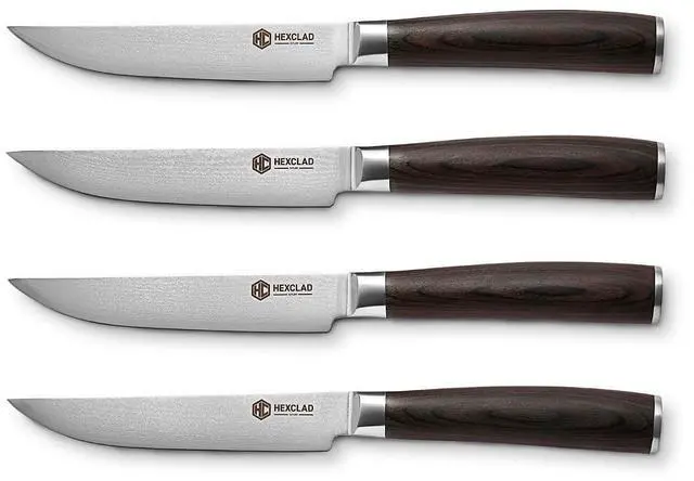 Main image of 4 Piece Damascus Stainless Steel Blade Espresso Steak Knife Set, Full Tang Construction, Pakkawood Handles