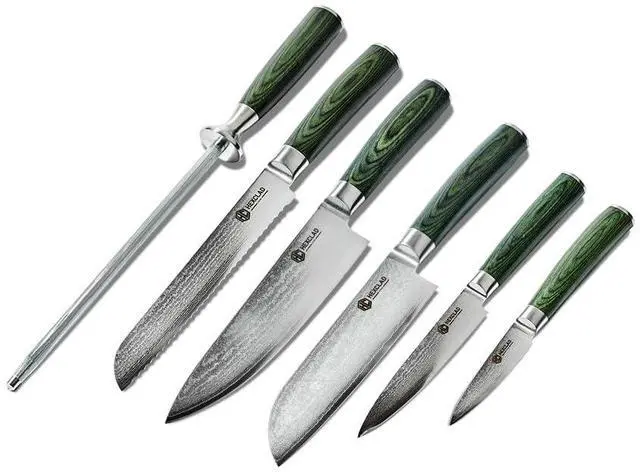 Main image of Green 6 Piece Japanese Damascus Stainless Steel Blade Essential Knife Set, Full Tang Construction, Pakkawood Handle