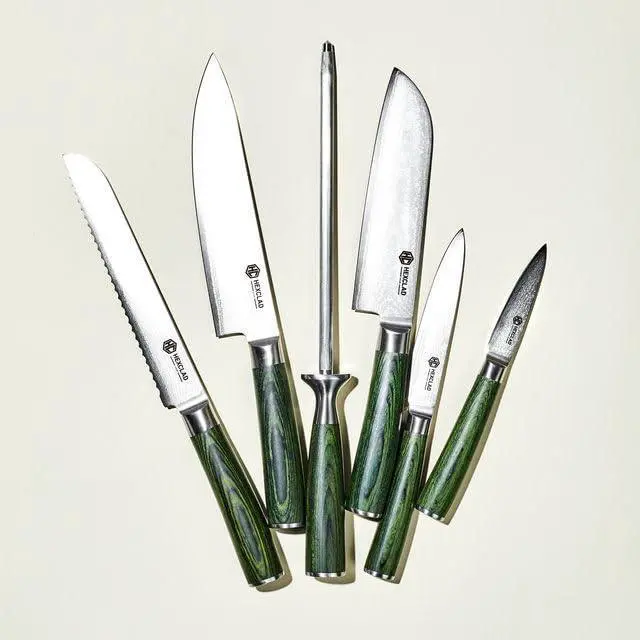 Alt view image 2 of 7 - Green 6 Piece Japanese Damascus Stainless Steel Blade Essential Knife Set, Full Tang Construction, Pakkawood Handle