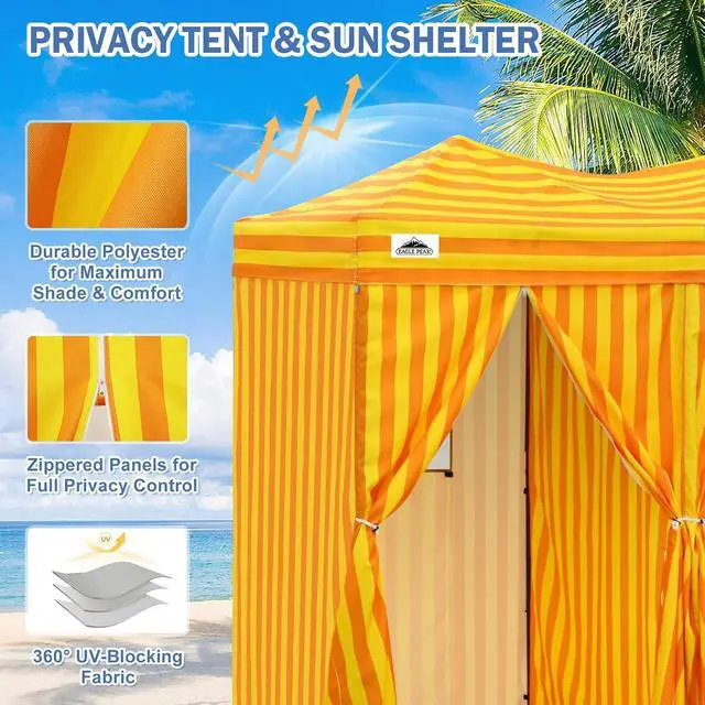 Alt view image 2 of 7 - Outdoor Pop Up Changing Room 8x4 ft, 2-Room Portable Privacy Shelter for Beach, Pool, Photoshoots or Dressing Room, Yellow/Orange