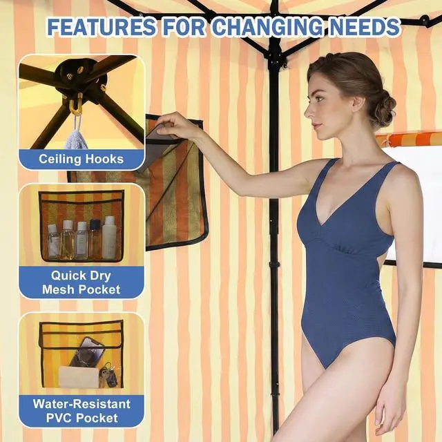 Alt view image 4 of 7 - Outdoor Pop Up Changing Room 8x4 ft, 2-Room Portable Privacy Shelter for Beach, Pool, Photoshoots or Dressing Room, Yellow/Orange