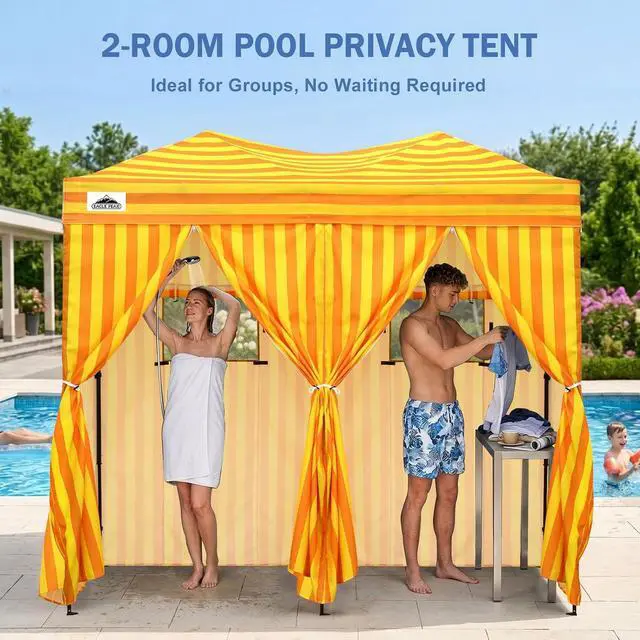 Alt view image 5 of 7 - Outdoor Pop Up Changing Room 8x4 ft, 2-Room Portable Privacy Shelter for Beach, Pool, Photoshoots or Dressing Room, Yellow/Orange