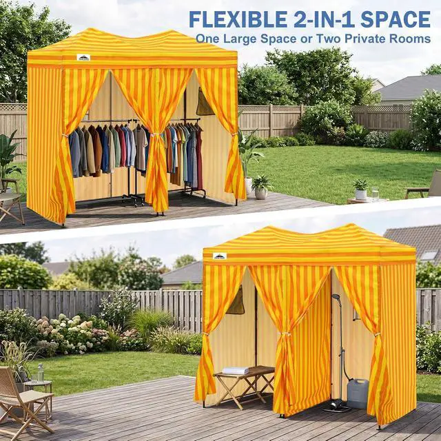 Alt view image 7 of 7 - Outdoor Pop Up Changing Room 8x4 ft, 2-Room Portable Privacy Shelter for Beach, Pool, Photoshoots or Dressing Room, Yellow/Orange