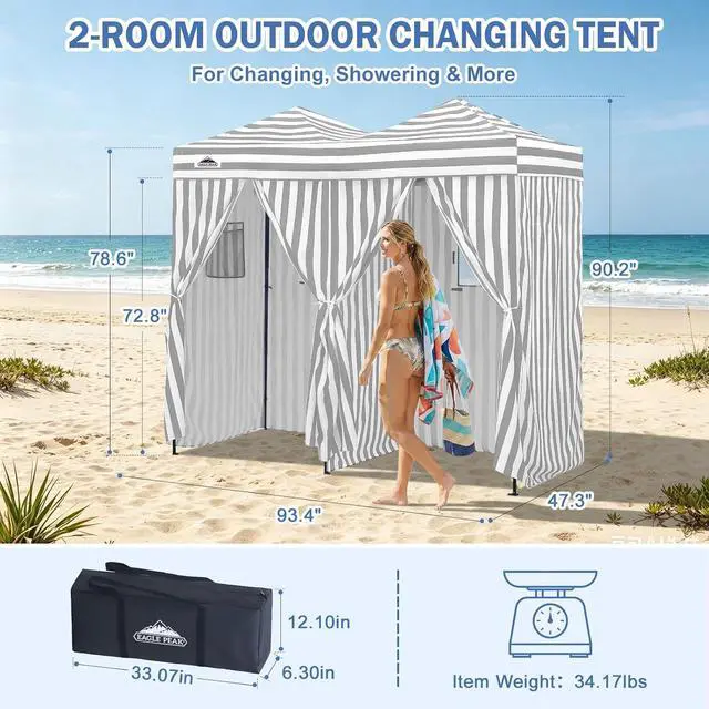 Alt view image 3 of 7 - Outdoor Pop Up Changing Room 8x4 ft, 2-Room Portable Privacy Shelter for Beach, Pool, Photoshoots or Dressing Room, Gray/White