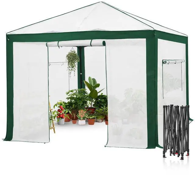 Main image of 10x10 Portable Walk in Greenhouse with Polyester Reinforced Corners, Instant Pop up Indoor Outdoor Gardening Green House, Roll Up Zipper Entry Doors and Mesh Windows, Green/White