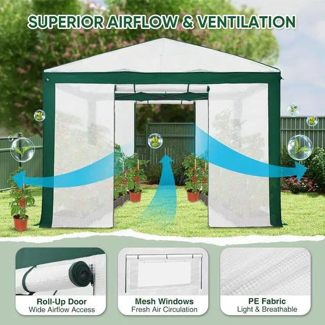 Alt view image 2 of 7 - 10x10 Portable Walk in Greenhouse with Polyester Reinforced Corners, Instant Pop up Indoor Outdoor Gardening Green House, Roll Up Zipper Entry Doors and Mesh Windows, Green/White