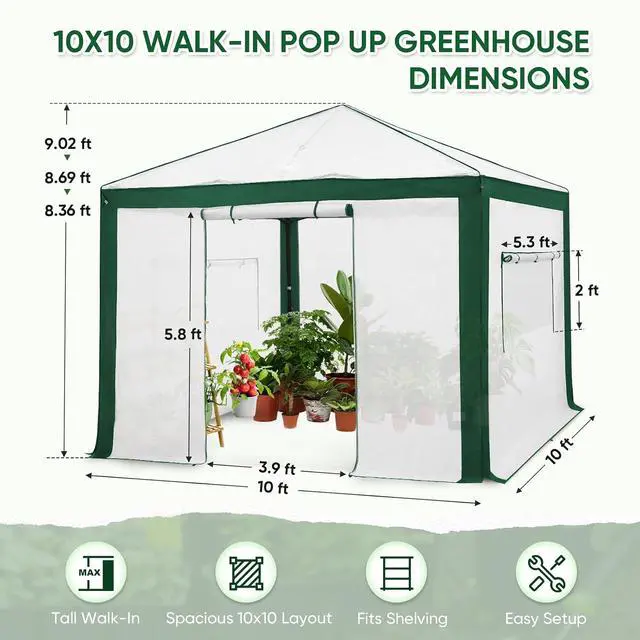 Alt view image 3 of 7 - 10x10 Portable Walk in Greenhouse with Polyester Reinforced Corners, Instant Pop up Indoor Outdoor Gardening Green House, Roll Up Zipper Entry Doors and Mesh Windows, Green/White