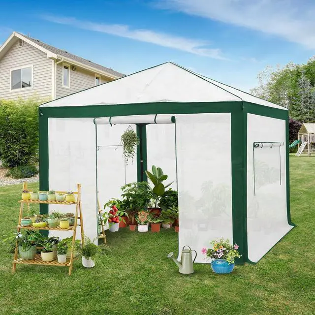 Alt view image 5 of 7 - 10x10 Portable Walk in Greenhouse with Polyester Reinforced Corners, Instant Pop up Indoor Outdoor Gardening Green House, Roll Up Zipper Entry Doors and Mesh Windows, Green/White