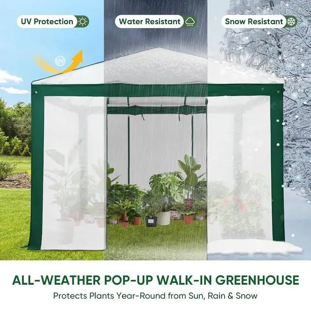 Alt view image 4 of 7 - 10x10 Portable Walk in Greenhouse with Polyester Reinforced Corners, Instant Pop up Indoor Outdoor Gardening Green House, Roll Up Zipper Entry Doors and Mesh Windows, Green/White