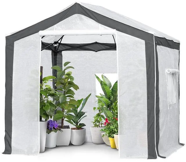 Main image of 8x8 Portable Walk in Greenhouse with Polyester Reinforced Corners, Heavy Duty Instant Pop Up Indoor Outdoor Green House, Front Roll Up Zipper Entry Door and Mesh Windows, Gray/White
