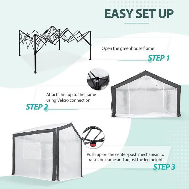 Alt view image 2 of 7 - 8x8 Portable Walk in Greenhouse with Polyester Reinforced Corners, Heavy Duty Instant Pop Up Indoor Outdoor Green House, Front Roll Up Zipper Entry Door and Mesh Windows, Gray/White