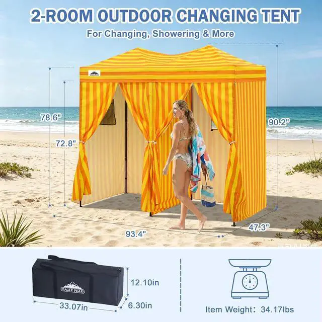 Alt view image 3 of 7 - Outdoor Pop Up Changing Room 8x4 ft, 2-Room Portable Privacy Shelter for Beach, Pool, Photoshoots or Dressing Room, Yellow/Orange