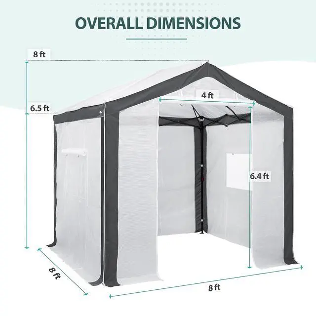 Alt view image 3 of 7 - 8x8 Portable Walk in Greenhouse with Polyester Reinforced Corners, Heavy Duty Instant Pop Up Indoor Outdoor Green House, Front Roll Up Zipper Entry Door and Mesh Windows, Gray/White