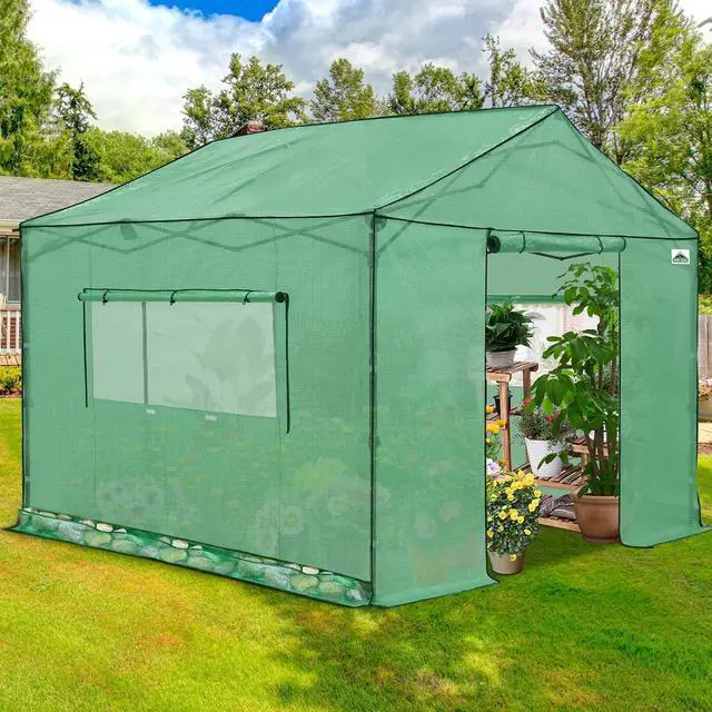 Alt view image 5 of 7 - 10x10 Portable Pop Up Greenhouse, Patented Center Lock Easy One Person Setup, Walk-in Outdoor Greenhouse with Gable Roof, Weight Bags, Zippered Doors & Windows - Winter Support Pole, Green