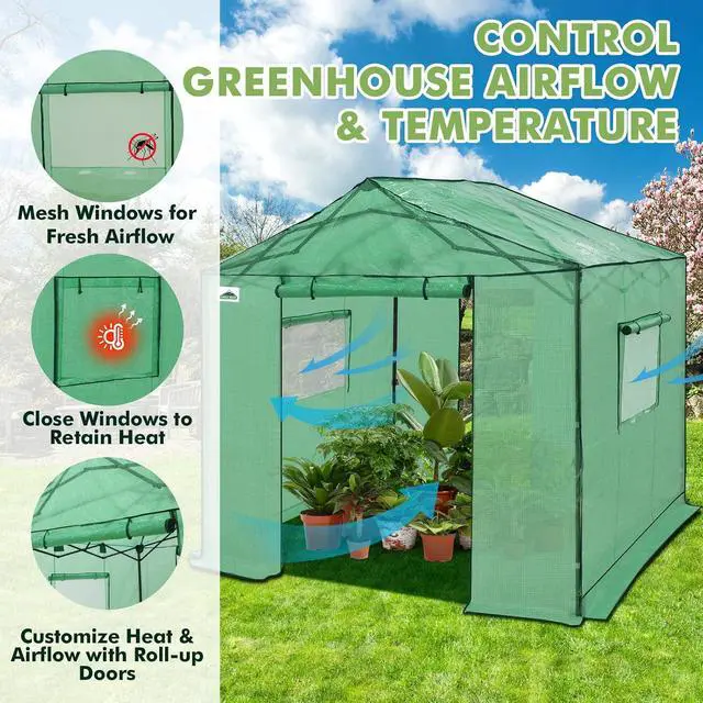 Alt view image 7 of 7 - 10x10 Portable Pop Up Greenhouse, Patented Center Lock Easy One Person Setup, Walk-in Outdoor Greenhouse with Gable Roof, Weight Bags, Zippered Doors & Windows - Winter Support Pole, Green