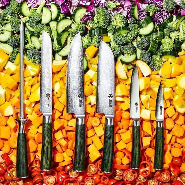 Alt view image 6 of 7 - Green 6 Piece Japanese Damascus Stainless Steel Blade Essential Knife Set, Full Tang Construction, Pakkawood Handle