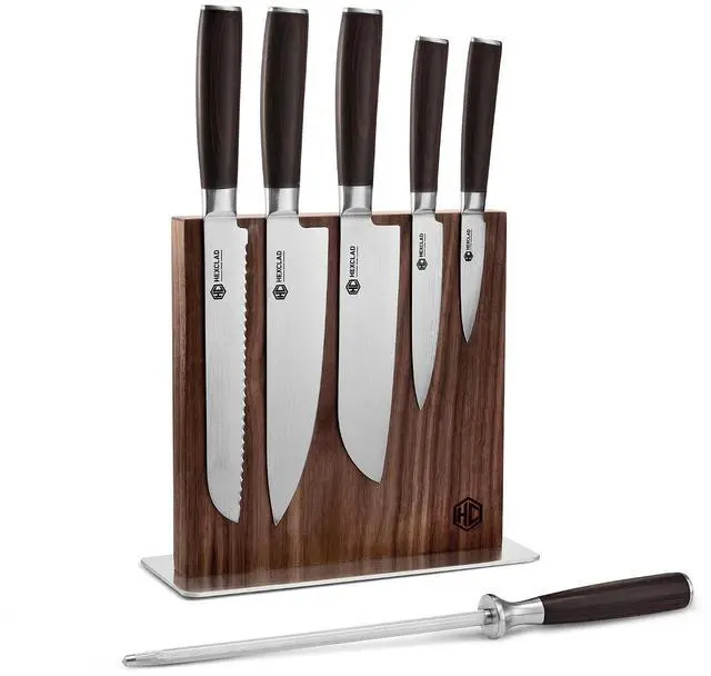 Main image of Espresso 7 Piece Japanese Damascus Stainless Steel Blade Essential Knife Set with Magnetic Knife Block, Full Tang Construction, Pakkawood Handle