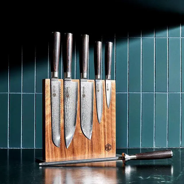 Alt view image 2 of 7 - Espresso 7 Piece Japanese Damascus Stainless Steel Blade Essential Knife Set with Magnetic Knife Block, Full Tang Construction, Pakkawood Handle