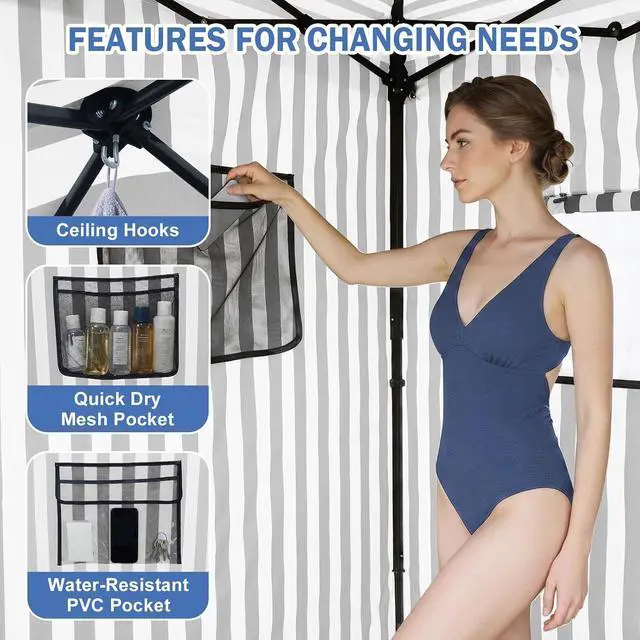 Alt view image 4 of 7 - Outdoor Pop Up Changing Room 8x4 ft, 2-Room Portable Privacy Shelter for Beach, Pool, Photoshoots or Dressing Room, Gray/White