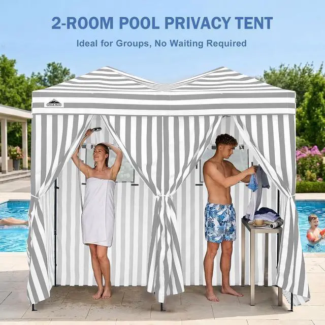 Alt view image 5 of 7 - Outdoor Pop Up Changing Room 8x4 ft, 2-Room Portable Privacy Shelter for Beach, Pool, Photoshoots or Dressing Room, Gray/White