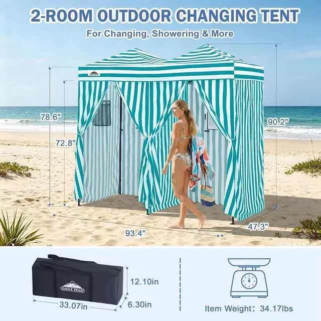 Alt view image 3 of 7 - Outdoor Pop Up Changing Room 8x4 ft, 2-Room Portable Privacy Shelter for Beach, Pool, Photoshoots or Dressing Room, White/Light Blue