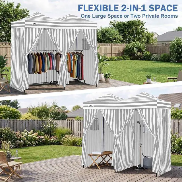 Alt view image 7 of 7 - Outdoor Pop Up Changing Room 8x4 ft, 2-Room Portable Privacy Shelter for Beach, Pool, Photoshoots or Dressing Room, Gray/White