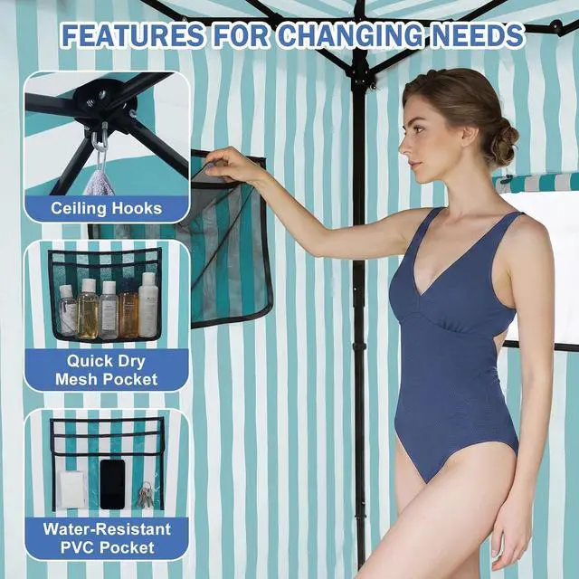 Alt view image 4 of 7 - Outdoor Pop Up Changing Room 8x4 ft, 2-Room Portable Privacy Shelter for Beach, Pool, Photoshoots or Dressing Room, White/Light Blue