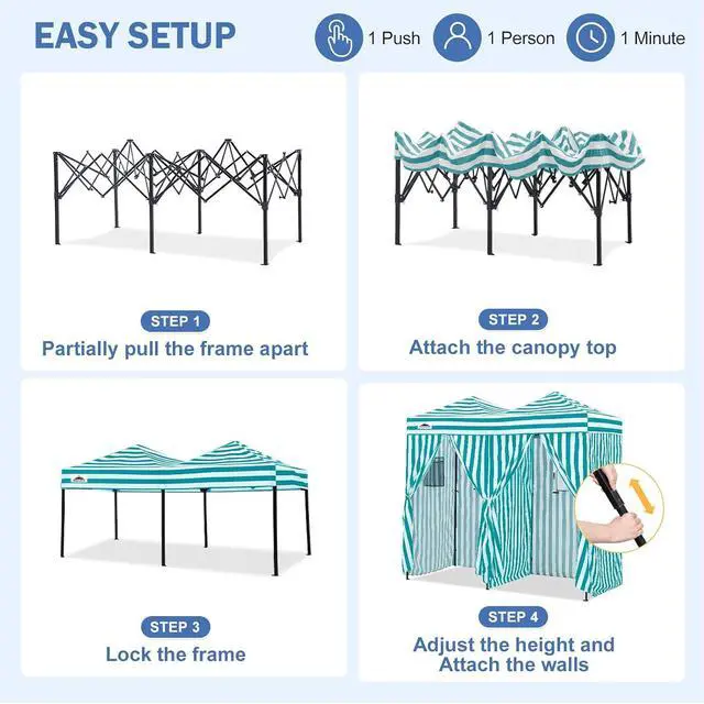 Alt view image 6 of 7 - Outdoor Pop Up Changing Room 8x4 ft, 2-Room Portable Privacy Shelter for Beach, Pool, Photoshoots or Dressing Room, White/Light Blue