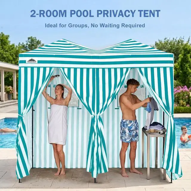 Alt view image 5 of 7 - Outdoor Pop Up Changing Room 8x4 ft, 2-Room Portable Privacy Shelter for Beach, Pool, Photoshoots or Dressing Room, White/Light Blue