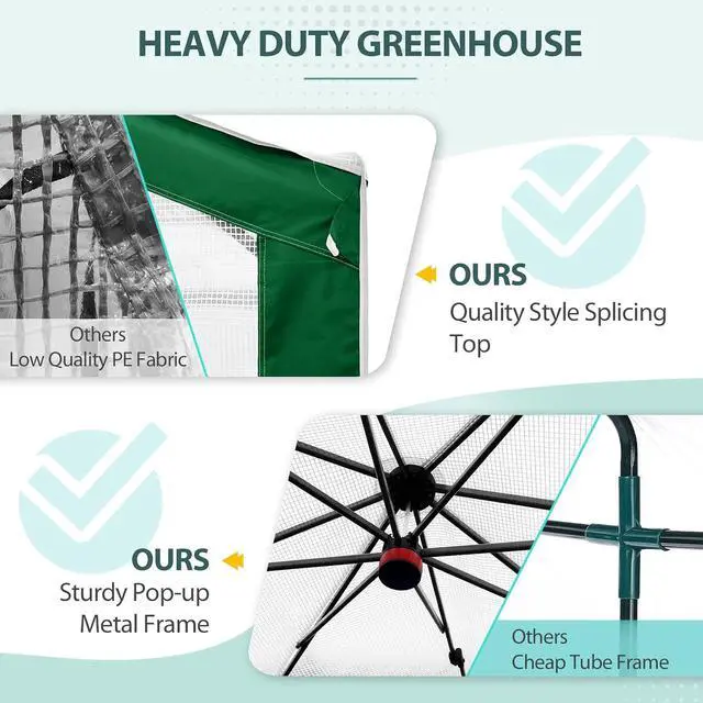Alt view image 7 of 7 - 8x8 Portable Walk in Greenhouse with Polyester Reinforced Corners, Heavy Duty Instant Pop Up Indoor Outdoor Green House, Front Roll Up Zipper Entry Door and Mesh Windows, Green/White