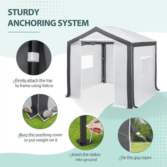 Alt view image 6 of 7 - 8x8 Portable Walk in Greenhouse with Polyester Reinforced Corners, Heavy Duty Instant Pop Up Indoor Outdoor Green House, Front Roll Up Zipper Entry Door and Mesh Windows, Gray/White