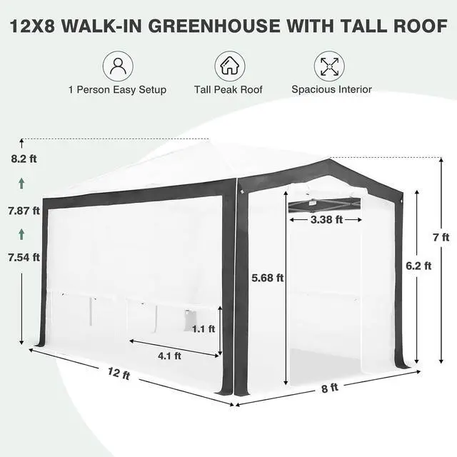 Alt view image 3 of 7 - 12x8 Portable Walk in Greenhouse with Polyester Reinforced Corners, Instant Pop up Indoor Outdoor Gardening Green House, Roll Up Zipper Doors Mesh Windows & Winter Support Pole, Gray/White