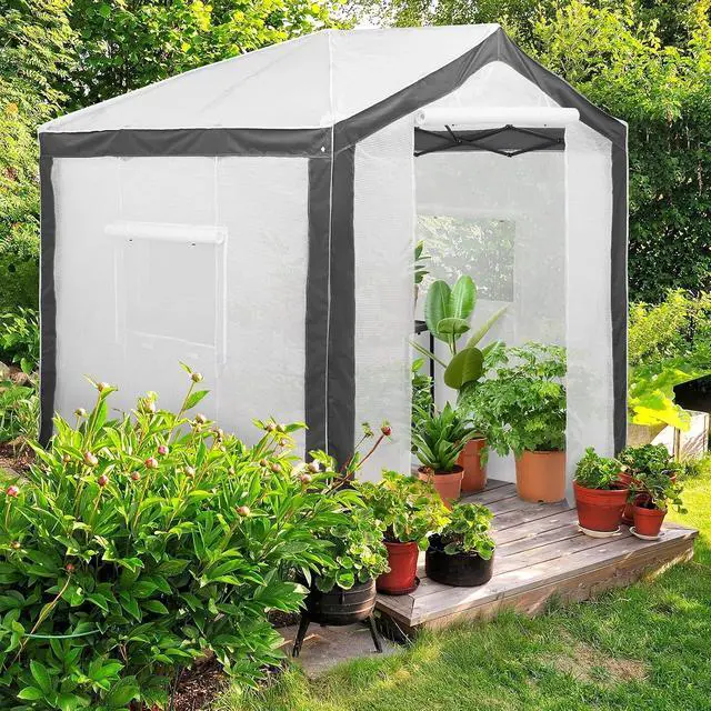 Alt view image 5 of 7 - 8x8 Portable Walk in Greenhouse with Polyester Reinforced Corners, Heavy Duty Instant Pop Up Indoor Outdoor Green House, Front Roll Up Zipper Entry Door and Mesh Windows, Gray/White