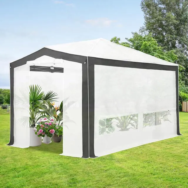 Alt view image 5 of 7 - 12x8 Portable Walk in Greenhouse with Polyester Reinforced Corners, Instant Pop up Indoor Outdoor Gardening Green House, Roll Up Zipper Doors Mesh Windows & Winter Support Pole, Gray/White