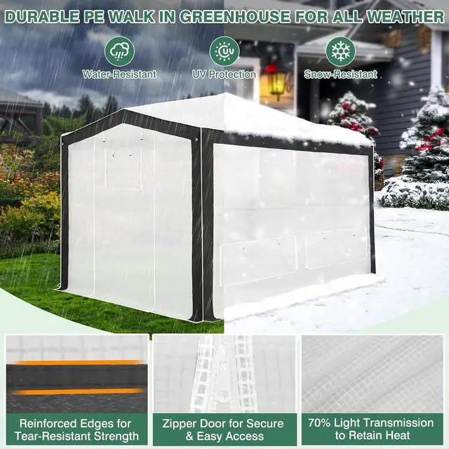 Alt view image 6 of 7 - 12x8 Portable Walk in Greenhouse with Polyester Reinforced Corners, Instant Pop up Indoor Outdoor Gardening Green House, Roll Up Zipper Doors Mesh Windows & Winter Support Pole, Gray/White