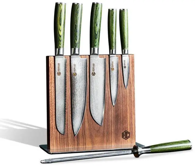 Main image of HexClad Green 7 Piece Japanese Damascus Stainless Steel Blade Essential Knife Set with Magnetic Knife Block, Full Tang Construction, Pakkawood Handle