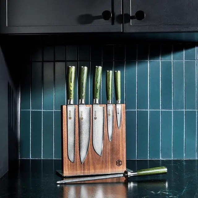 Alt view image 2 of 6 - HexClad Green 7 Piece Japanese Damascus Stainless Steel Blade Essential Knife Set with Magnetic Knife Block, Full Tang Construction, Pakkawood Handle