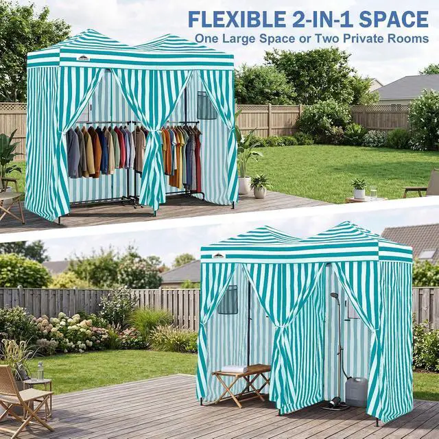Alt view image 7 of 7 - Outdoor Pop Up Changing Room 8x4 ft, 2-Room Portable Privacy Shelter for Beach, Pool, Photoshoots or Dressing Room, White/Light Blue