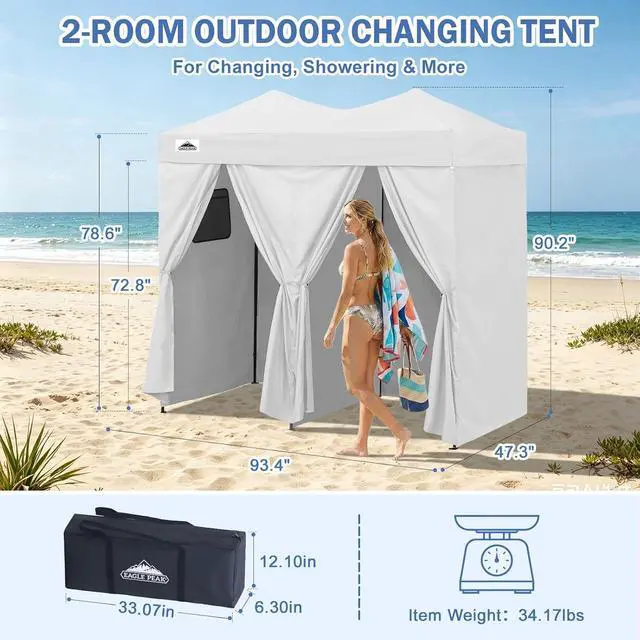 Alt view image 3 of 7 - Outdoor Pop Up Changing Room 8x4 ft, 2-Room Portable Privacy Shelter for Beach, Pool, Photoshoots or Dressing Room, White