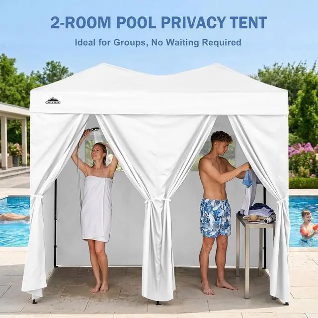 Alt view image 5 of 7 - Outdoor Pop Up Changing Room 8x4 ft, 2-Room Portable Privacy Shelter for Beach, Pool, Photoshoots or Dressing Room, White