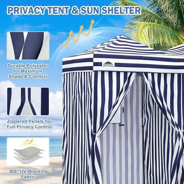 Alt view image 2 of 7 - Outdoor Pop Up Changing Room 8x4 ft, 2-Room Portable Privacy Shelter for Beach, Pool, Photoshoots or Dressing Room, White/Blue