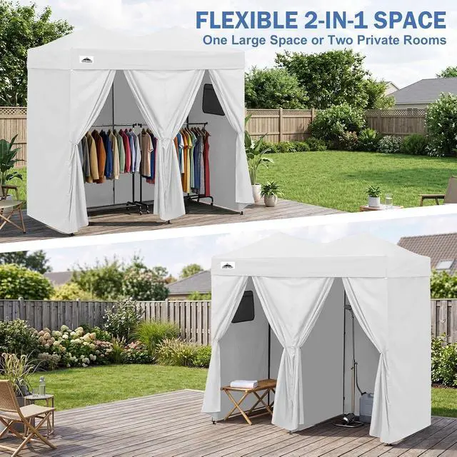 Alt view image 7 of 7 - Outdoor Pop Up Changing Room 8x4 ft, 2-Room Portable Privacy Shelter for Beach, Pool, Photoshoots or Dressing Room, White