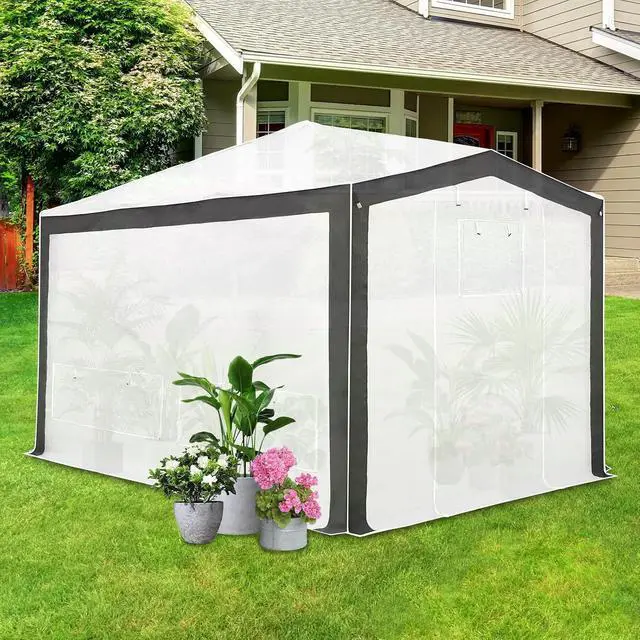 Alt view image 7 of 7 - 12x8 Portable Walk in Greenhouse with Polyester Reinforced Corners, Instant Pop up Indoor Outdoor Gardening Green House, Roll Up Zipper Doors Mesh Windows & Winter Support Pole, Gray/White